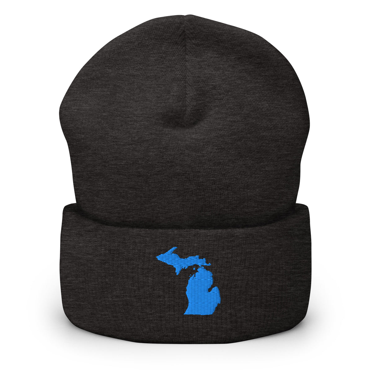 Dark Grey cuffed beanie with Michigan embroidered in aqua blue on the front