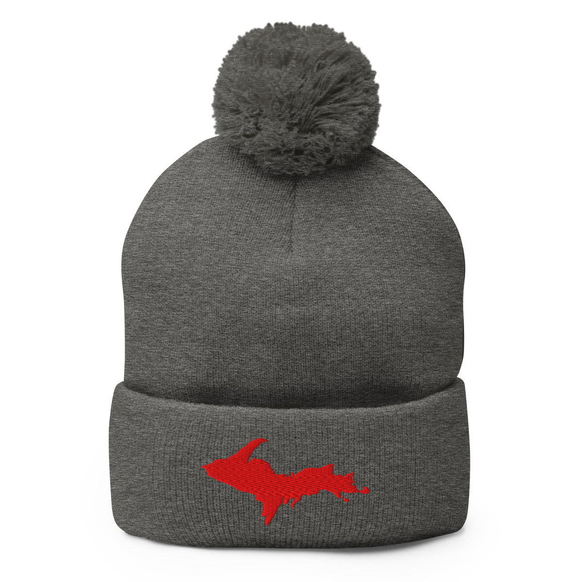 Grey pom-pom beanie with Michigan's Upper Peninsula embroidered in red on the front