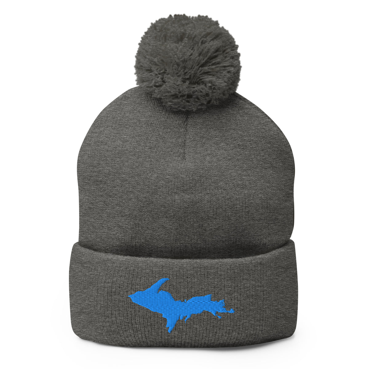 Grey pom-pom beanie with Michigan's Upper Peninsula  embroidered in aqua blue on the front