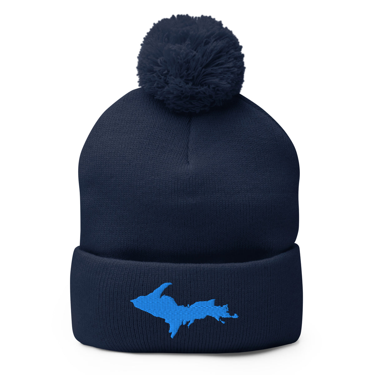 Navy Blue pom-pom beanie with Michigan's Upper Peninsula  embroidered in aqua blue on the front