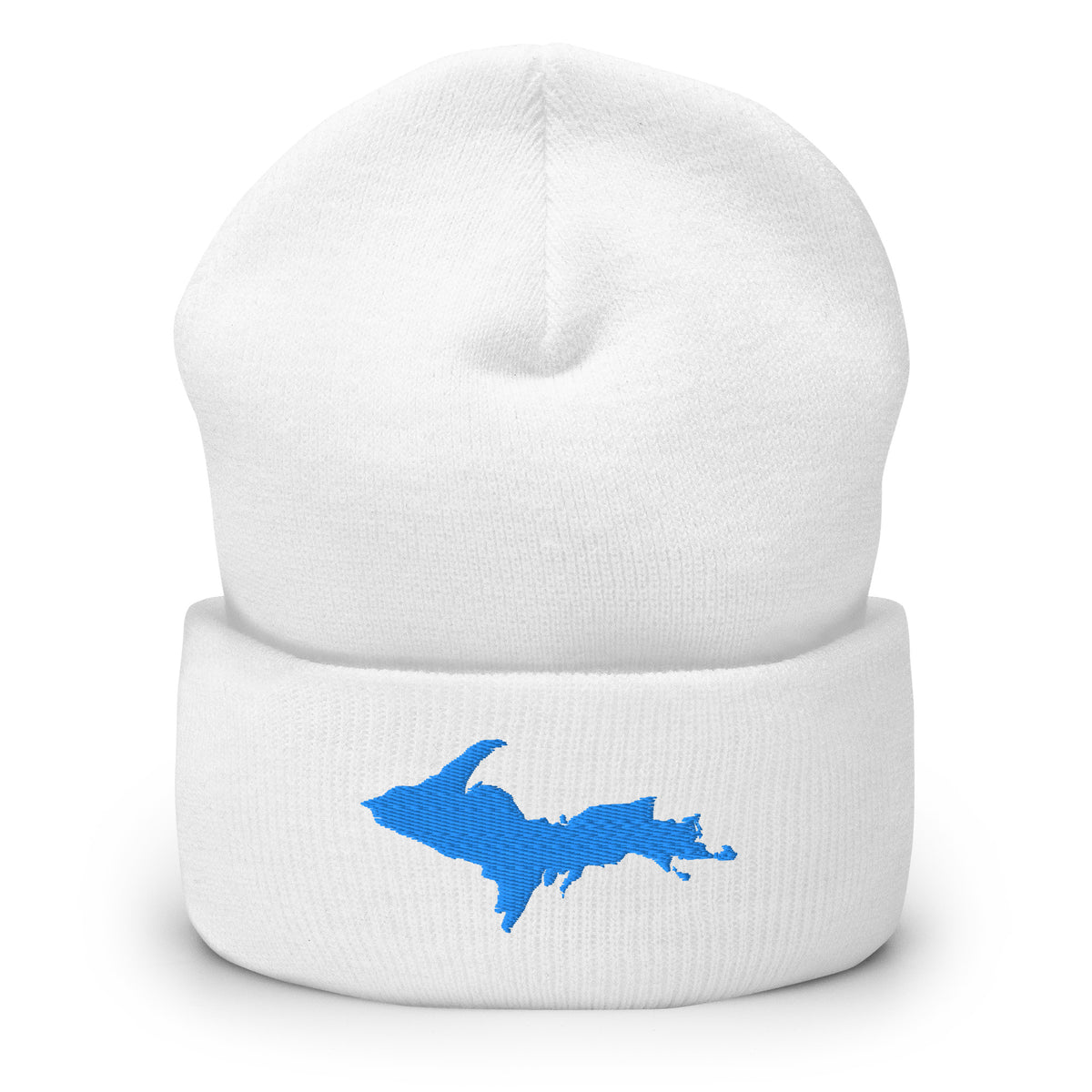 White cuffed beanie with Michigan's Upper Peninsula embroidered in aqua blue on the front