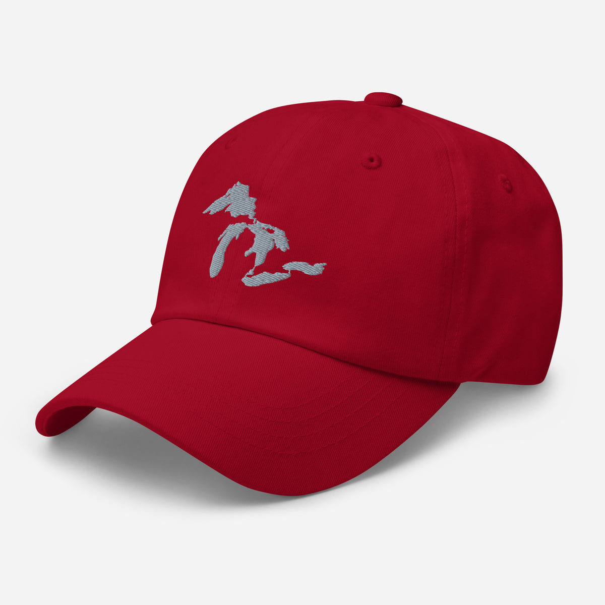 Red baseball hat with Great Lakes embroidered in grey on the front