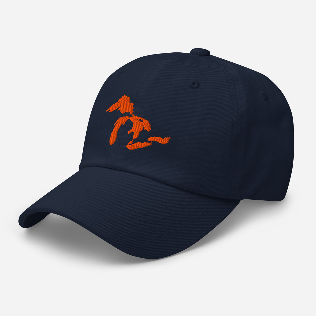 Navy baseball hat with Great Lakes embroidered in orange on the front