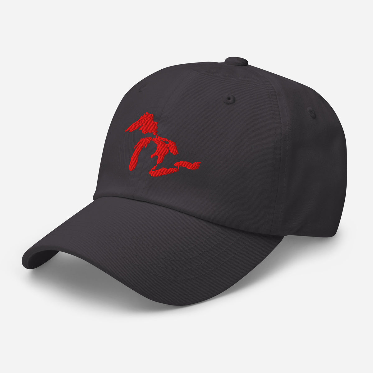 Dark Grey baseball hat with Great Lakes embroidered in red on the front