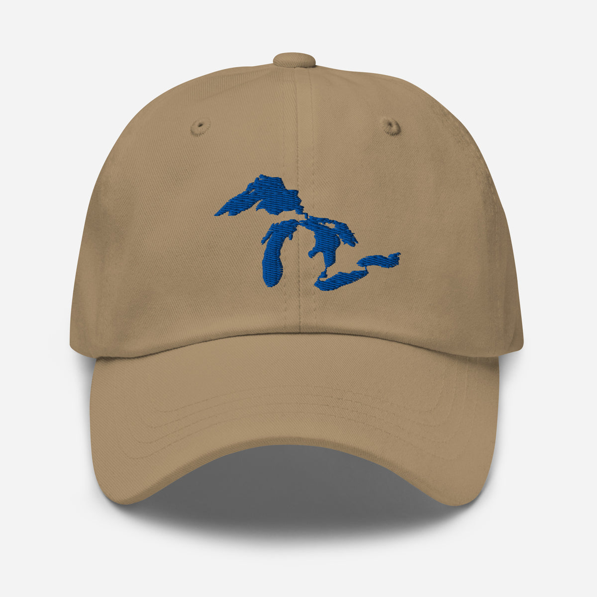 Khaki baseball hat with Great Lakes embroidered in royal blue on the front