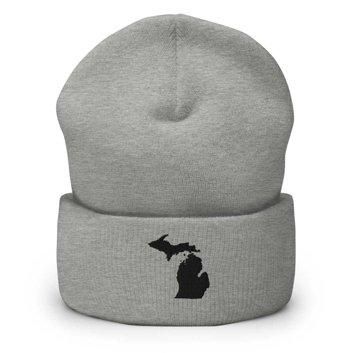 Grey cuffed beanie with Michigan embroidered in black on the front