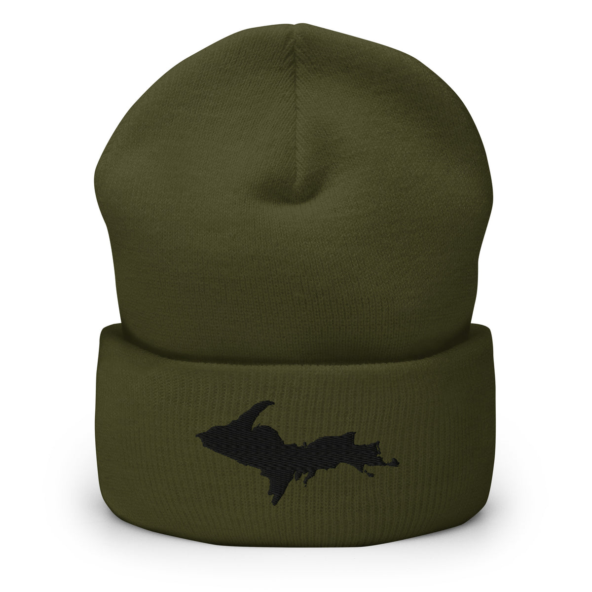 Olive cuffed beanie with Michigan's Upper Peninsula embroidered in black on the front