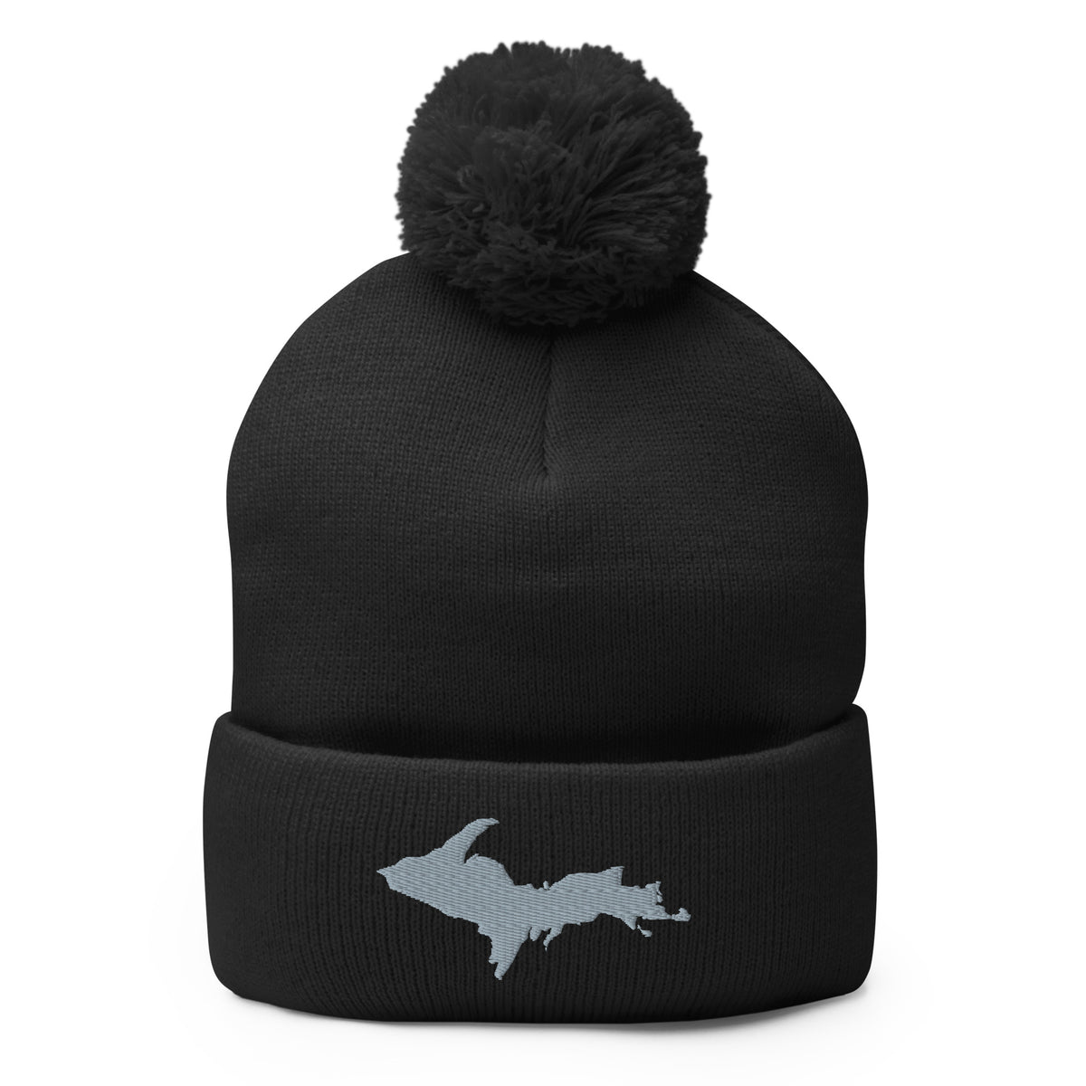 Black pom-pom beanie with Michigan's Upper Peninsula  embroidered in grey on the front