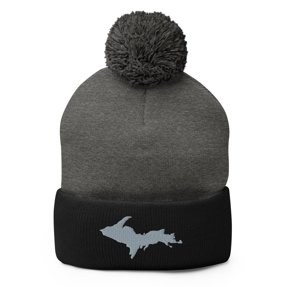 Dark Grey and Black cuff  pom-pom beanie with Michigan's Upper Peninsula  embroidered in grey on the front