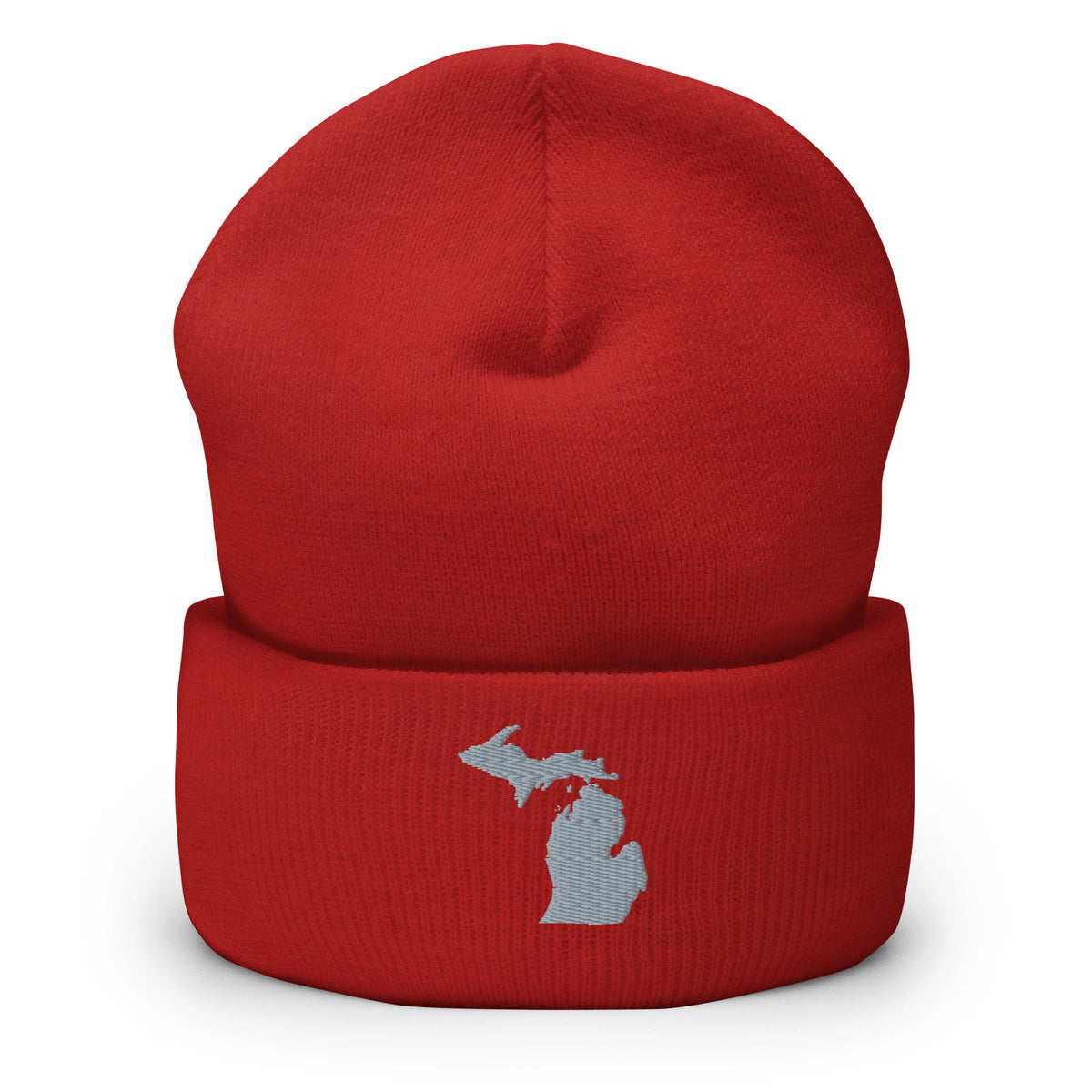Red cuffed beanie with Michigan embroidered in grey on the front