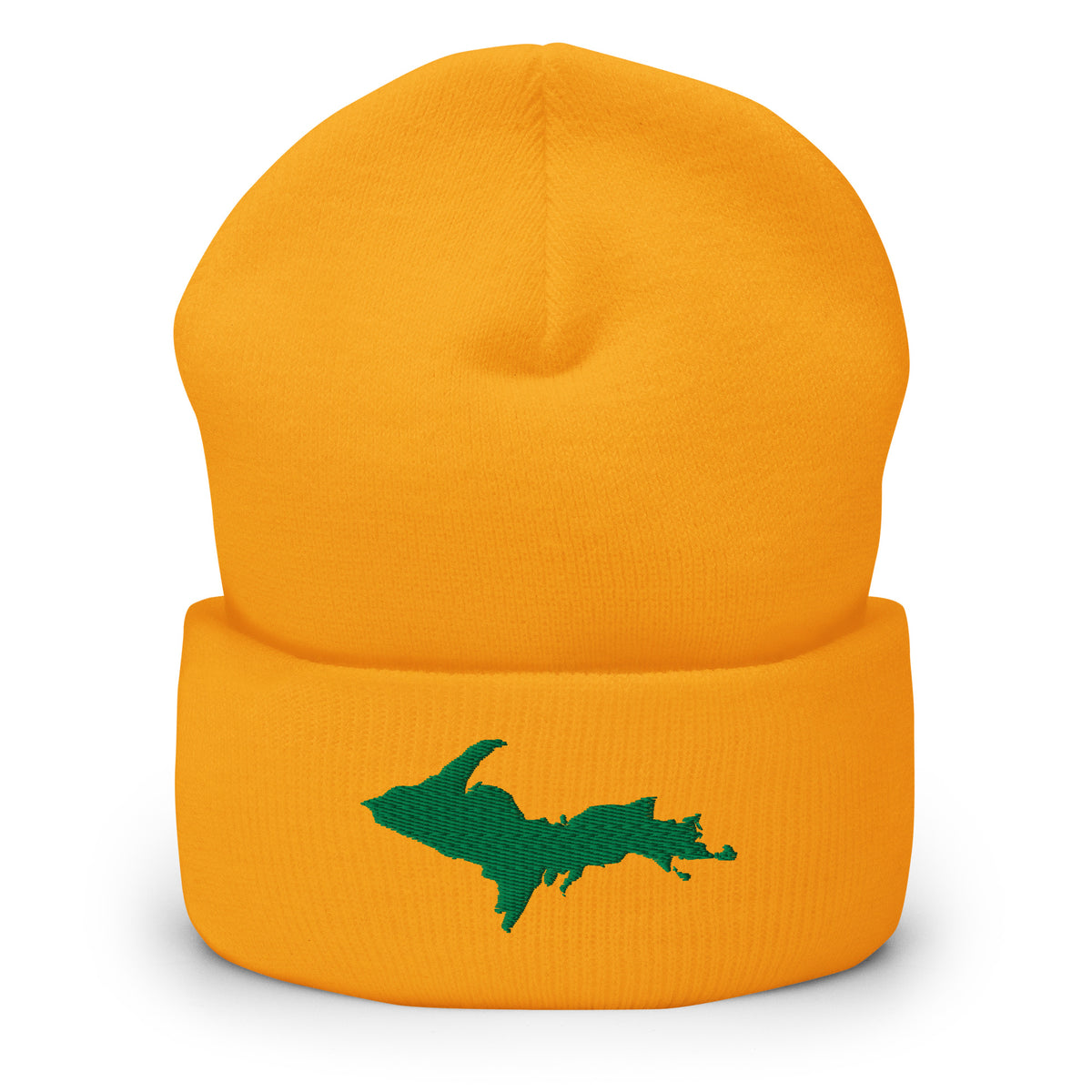 Gold cuffed beanie with Michigan's Upper Peninsula embroidered in kelly green on the front