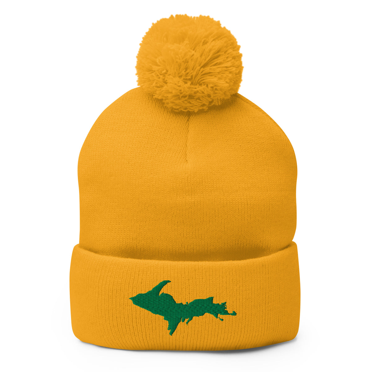 Gold pom-pom beanie with Michigan's Upper Peninsula  embroidered in kelly green on the front