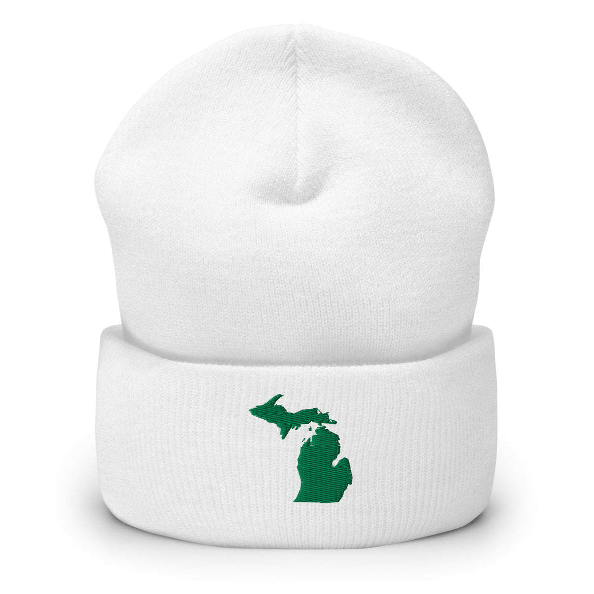 White cuffed beanie with Michigan embroidered in kelly green on the front