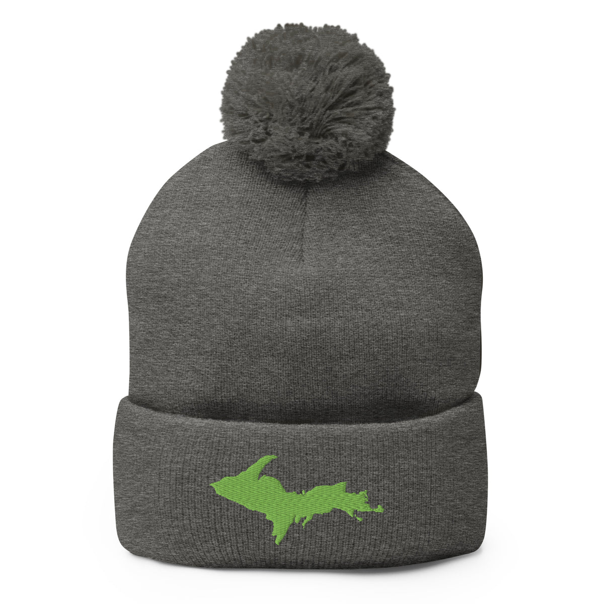 Grey pom-pom beanie with Michigan's Upper Peninsula  embroidered in kiwi green on the front