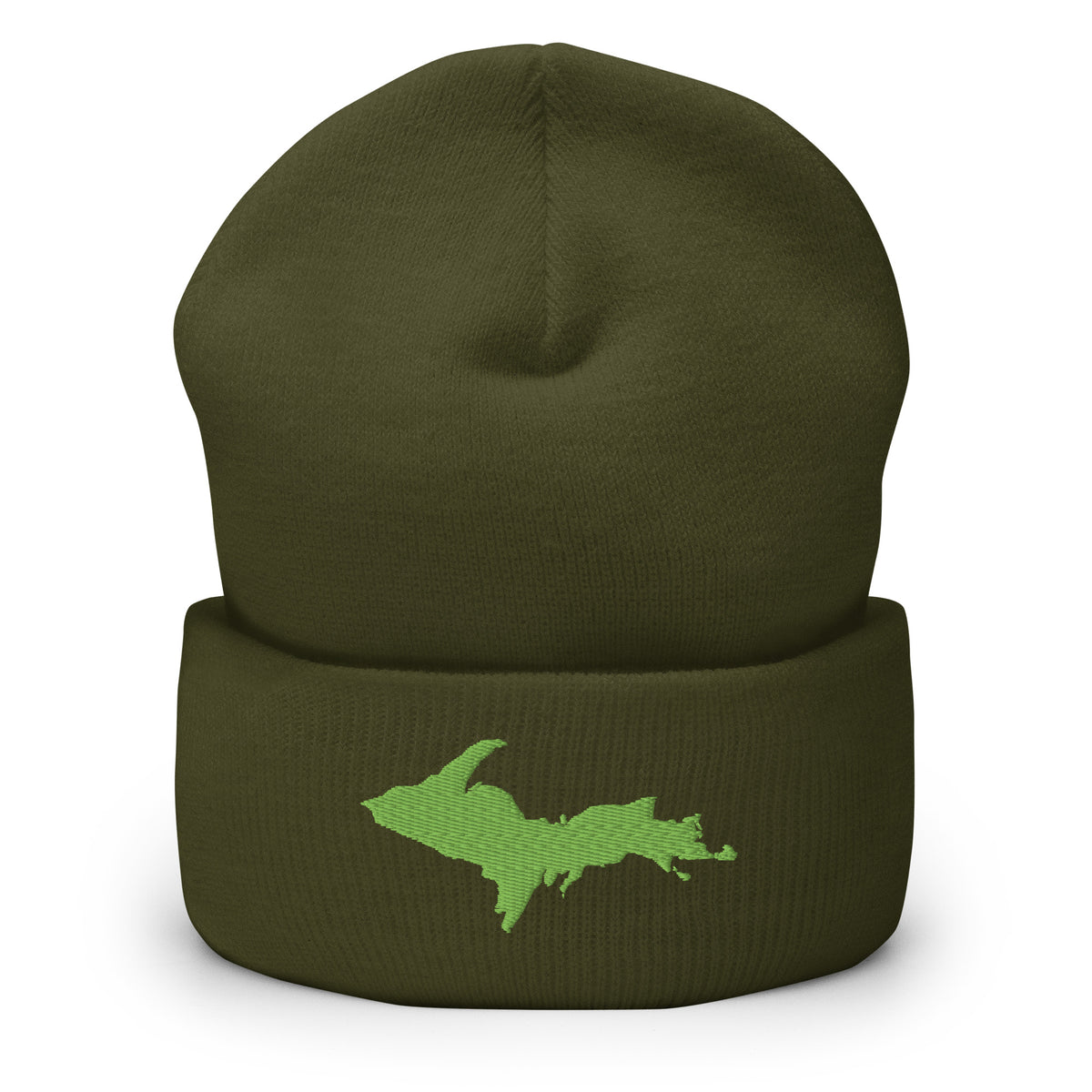 Olive cuffed beanie with Michigan's Upper Peninsula embroidered in kiwi green on the front