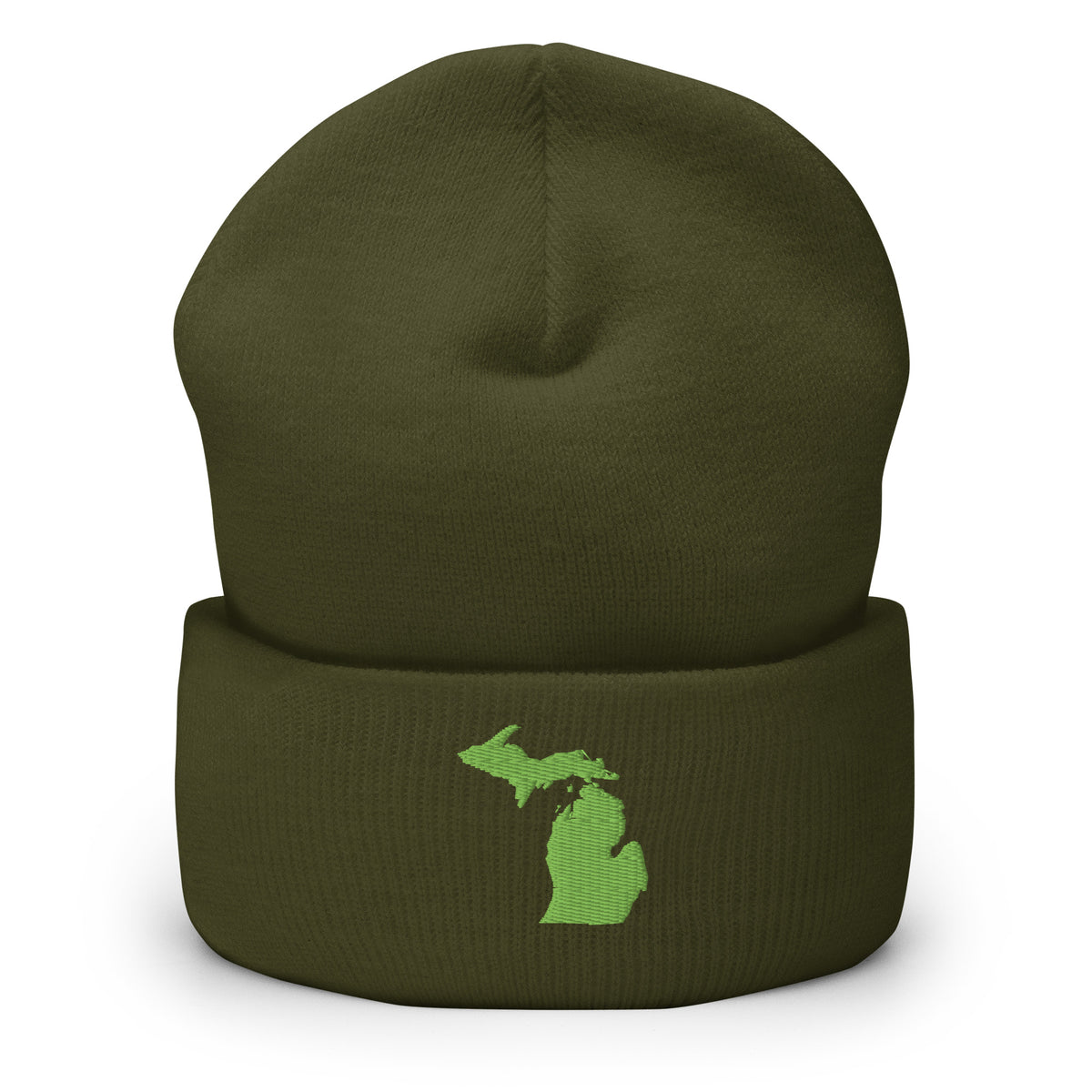 Olive cuffed beanie with Michigan embroidered in kiwi green on the front