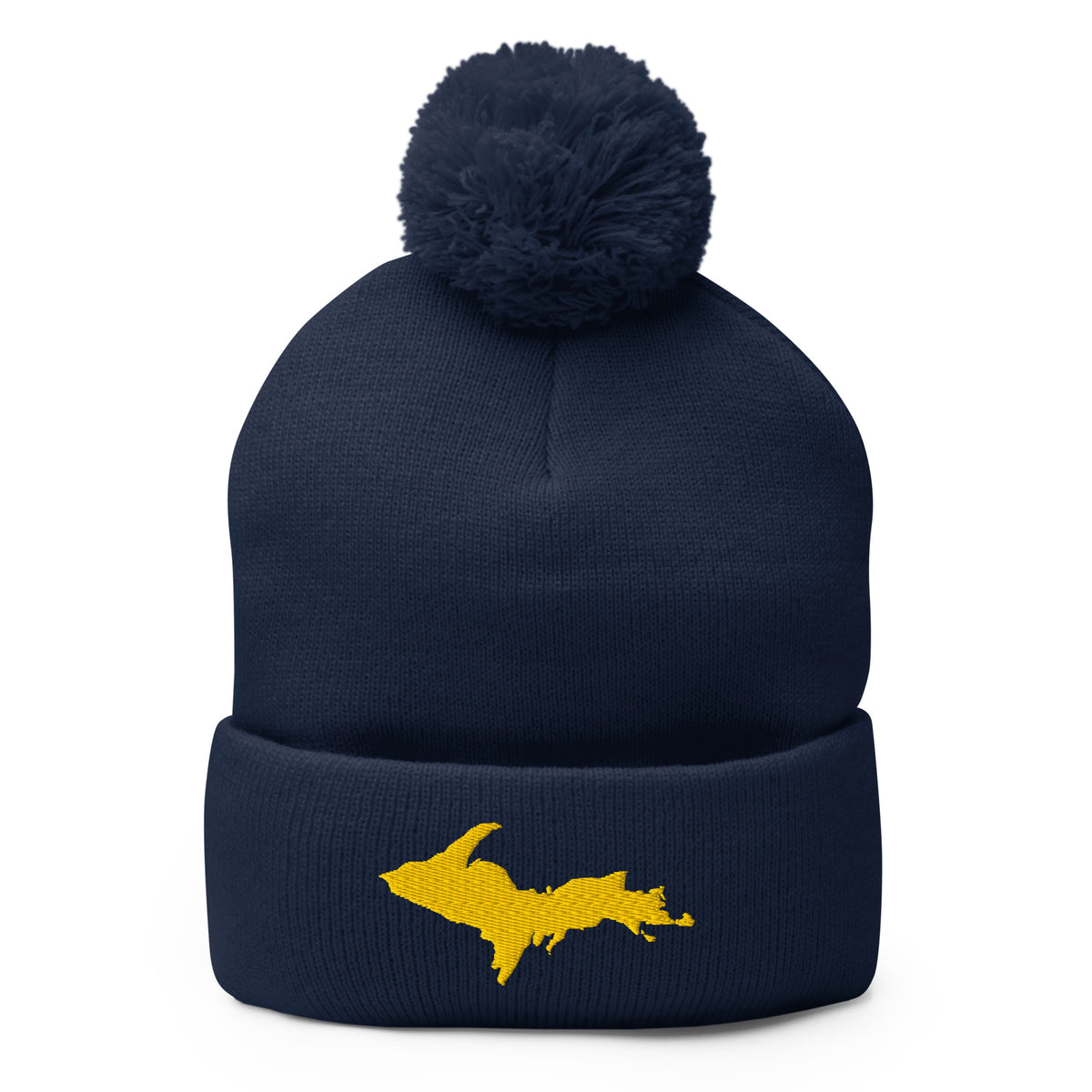 Navy Blue pom-pom beanie with Michigan's Upper Peninsula  embroidered in maize yellow on the front