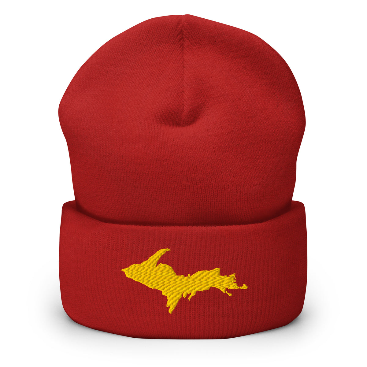 Red cuffed beanie with Michigan's Upper Peninsula embroidered in maize yellow on the front