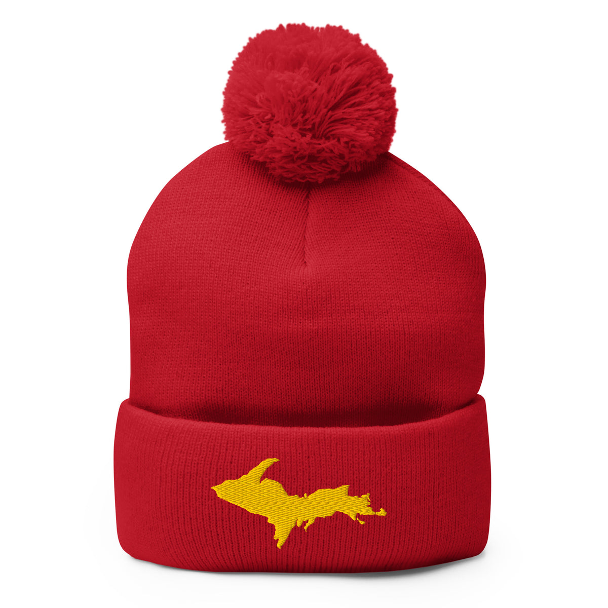 Red pom-pom beanie with Michigan's Upper Peninsula  embroidered in maize yellow on the front