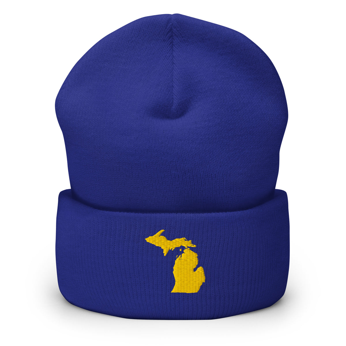 Royal Blue cuffed beanie with Michigan embroidered in maize yellow on the front