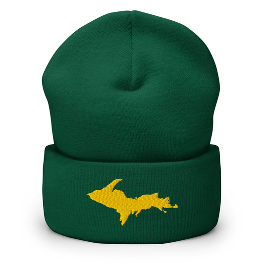 Spruce cuffed beanie with Michigan's Upper Peninsula embroidered in maize yellow on the front