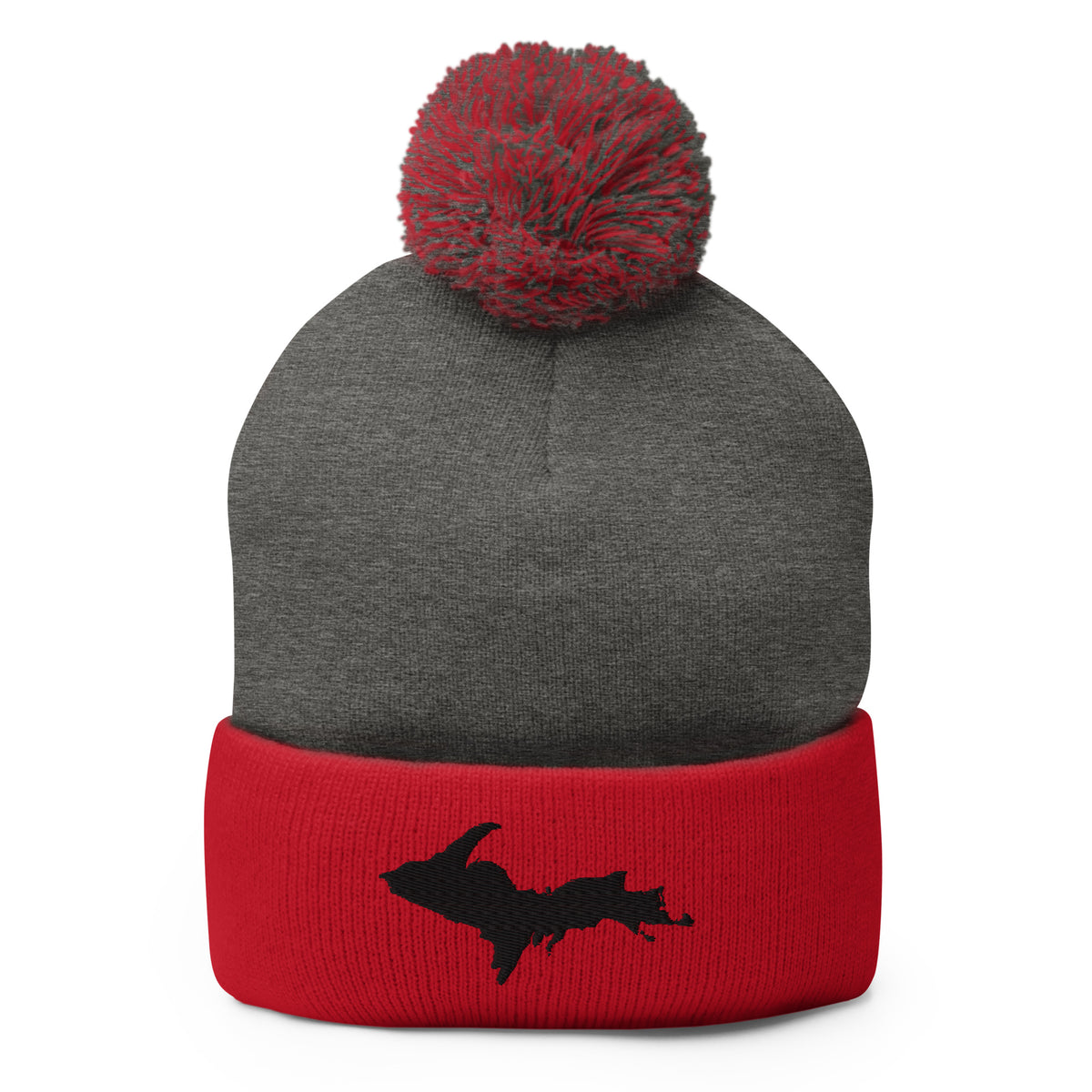 Dark Grey and Red cuff  pom-pom beanie with Michigan's Upper Peninsula  embroidered in black on the front