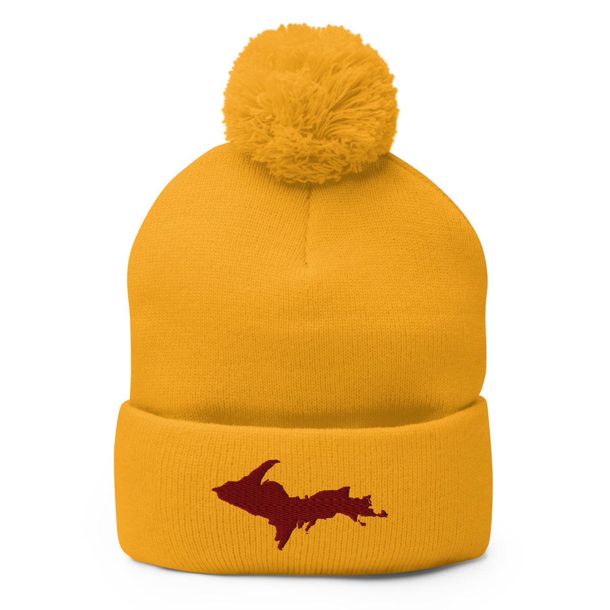 Pink pom-pom beanie with Michigan's Upper Peninsula  embroidered in white on the front