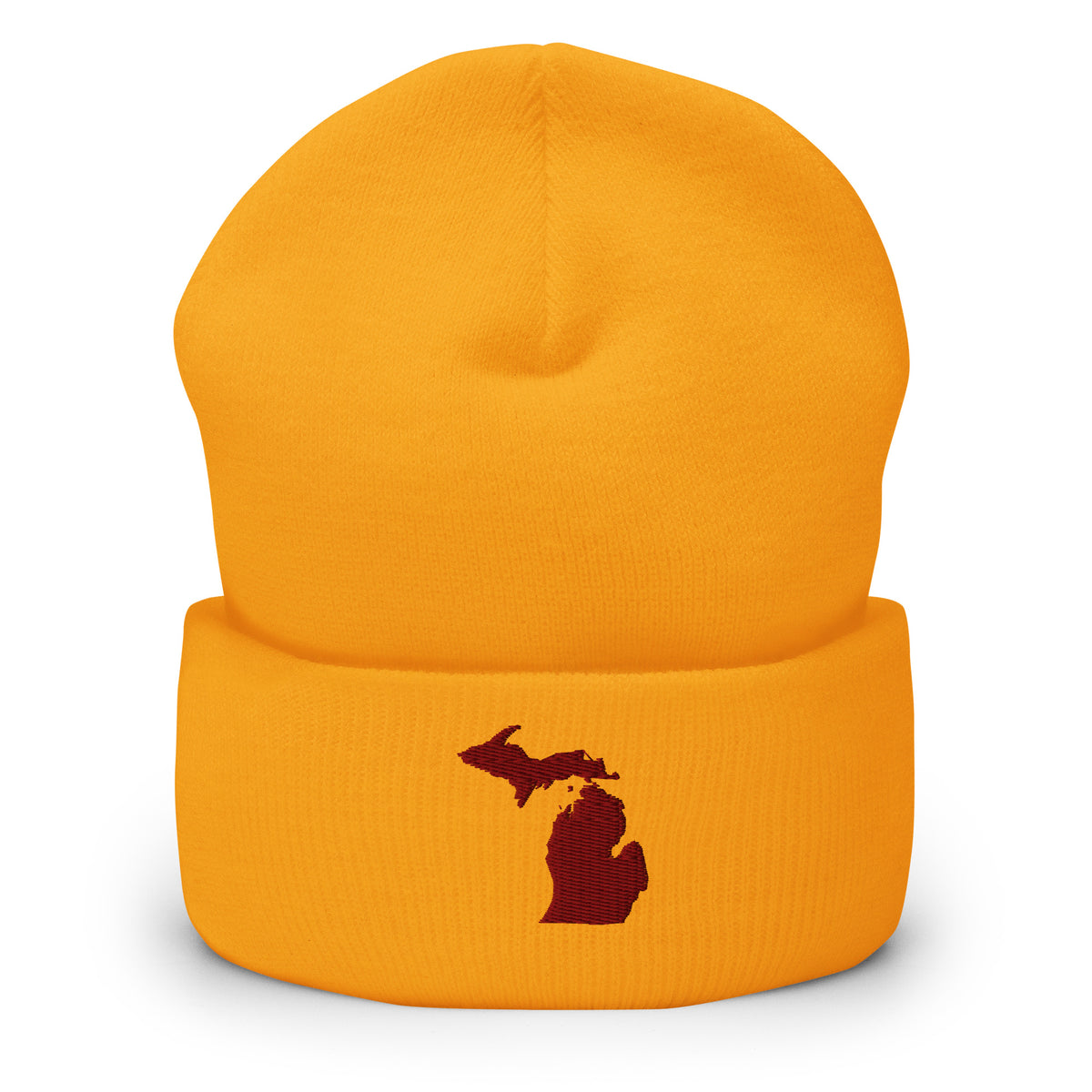 Gold cuffed beanie with Michigan embroidered in maroon on the front
