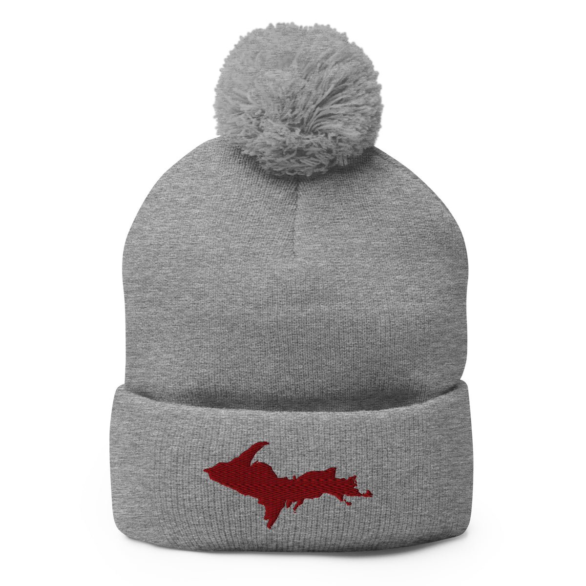 Grey pom-pom beanie with Michigan's Upper Peninsula  embroidered in maroon on the front
