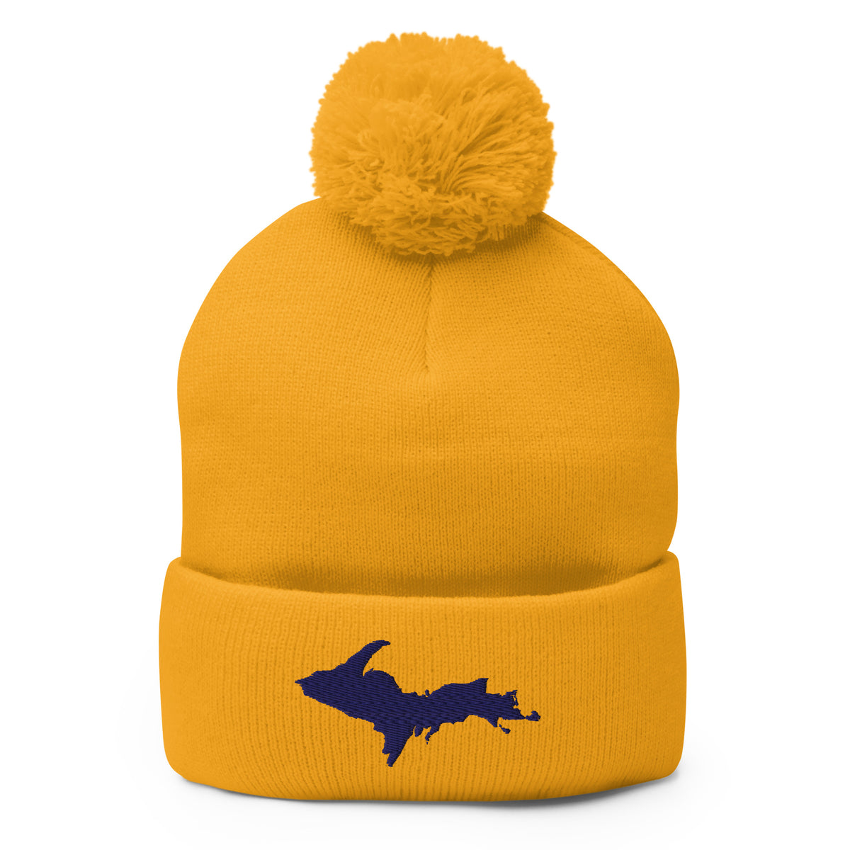 Gold pom-pom beanie with Michigan's Upper Peninsula  embroidered in navy blue on the front