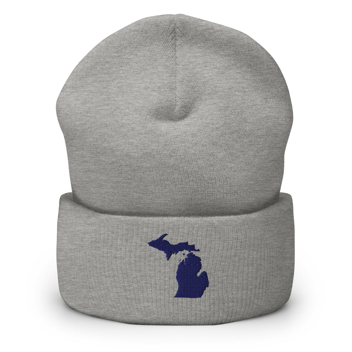 Grey cuffed beanie with Michigan embroidered in navy blue on the front