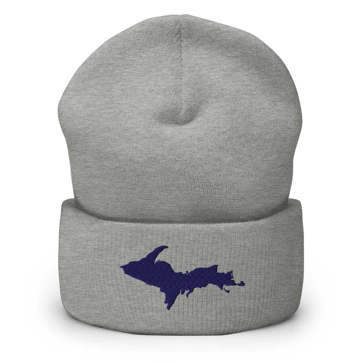 Grey cuffed beanie with Michigan's Upper Peninsula embroidered in navy blue on the front