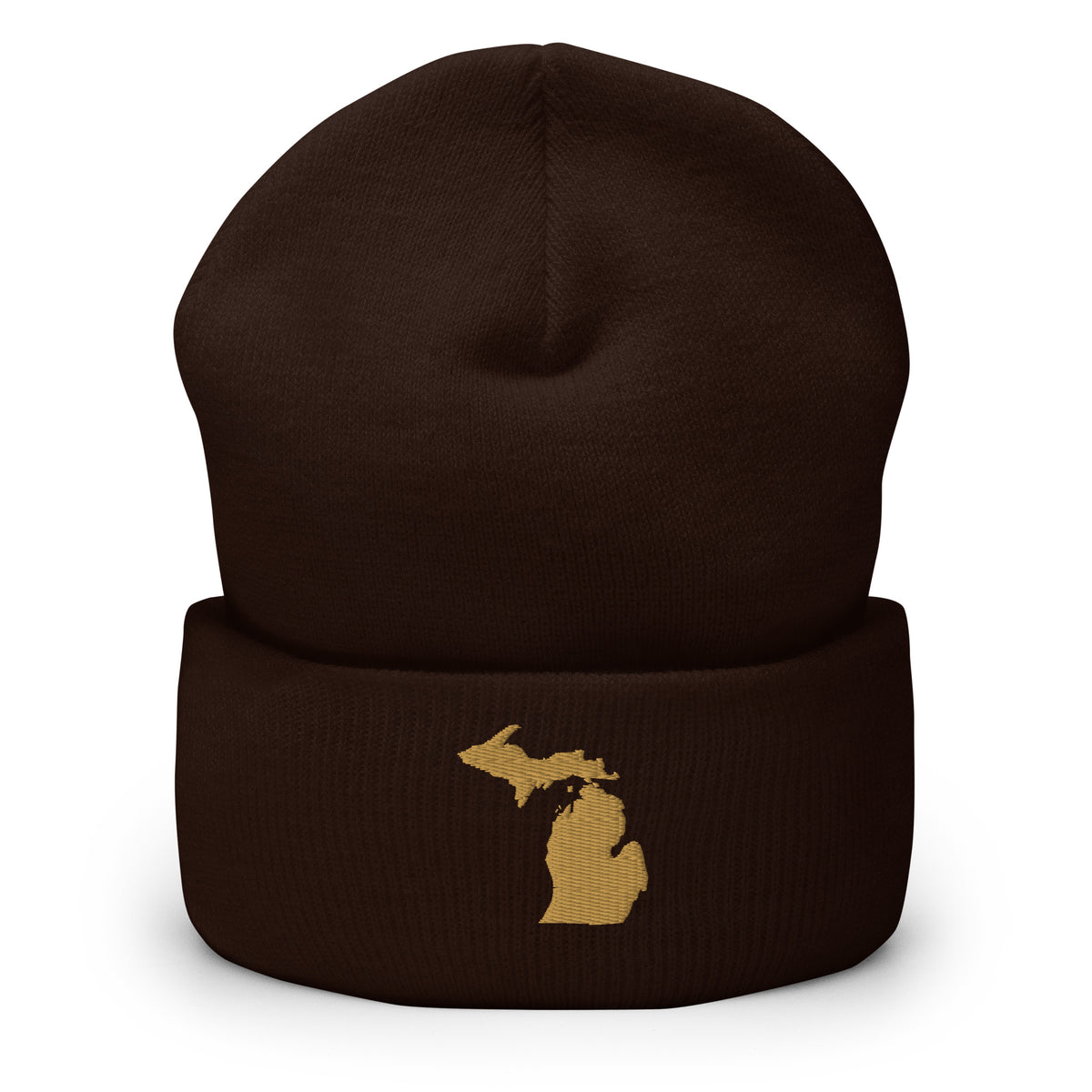 Brown cuffed beanie with Michigan embroidered in old gold on the front