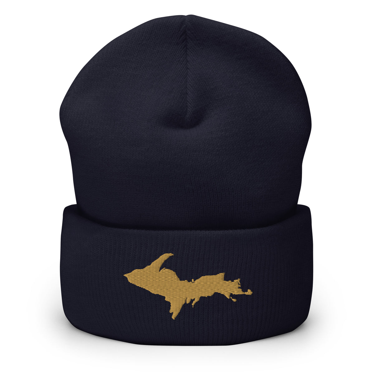 Navy Blue cuffed beanie with Michigan's Upper Peninsula embroidered in old gold on the front