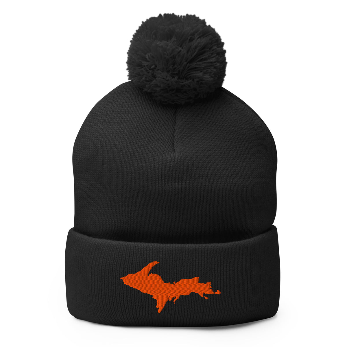 Black pom-pom beanie with Michigan's Upper Peninsula  embroidered in orange on the front