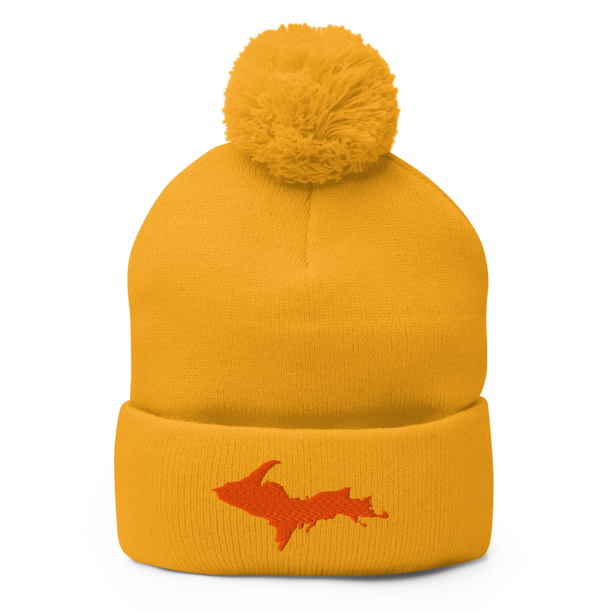 Gold pom-pom beanie with Michigan's Upper Peninsula  embroidered in orange on the front