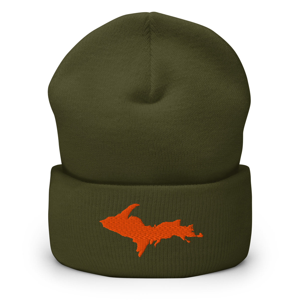 Olive cuffed beanie with Michigan's Upper Peninsula embroidered in orange on the front