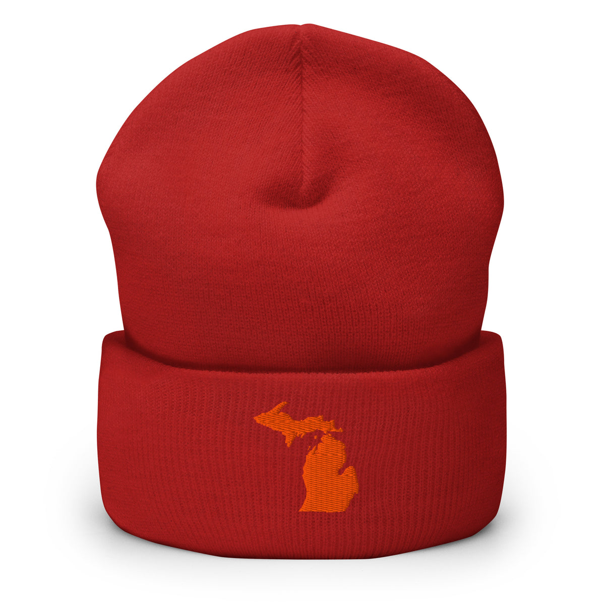 Red cuffed beanie with Michigan embroidered in orange on the front