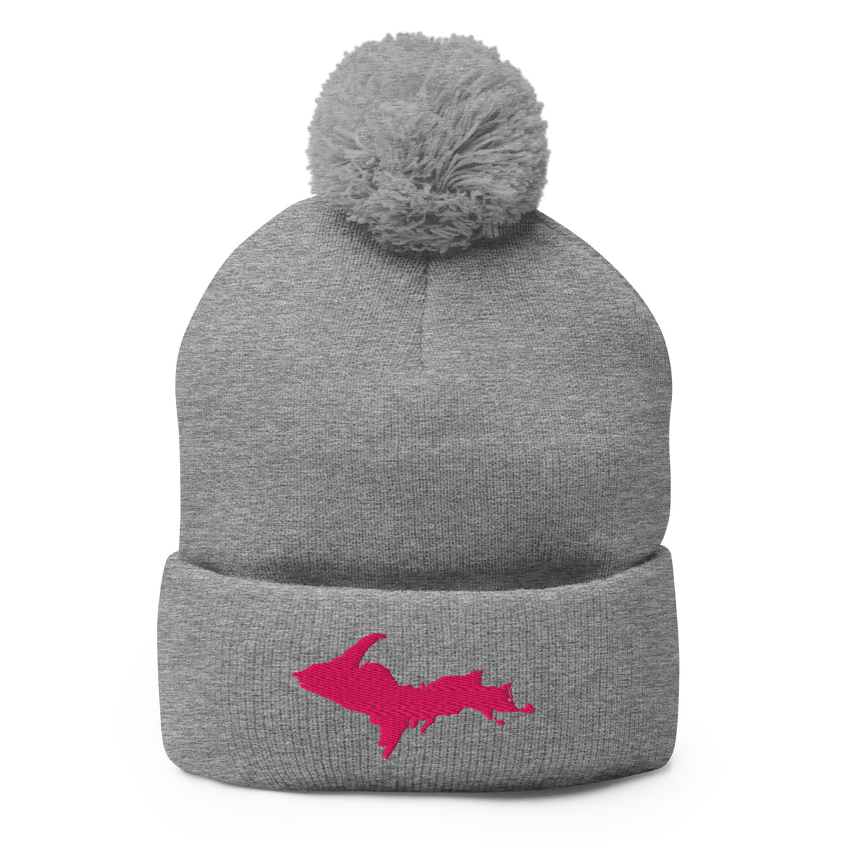 Grey pom-pom beanie with Michigan's Upper Peninsula  embroidered in pink on the front