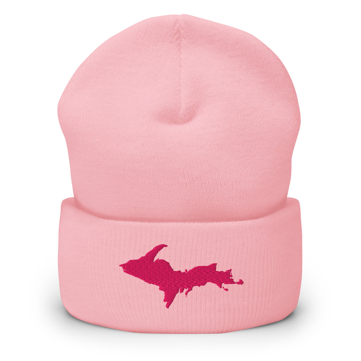 Pink cuffed beanie with Michigan's Upper Peninsula embroidered in pink on the front