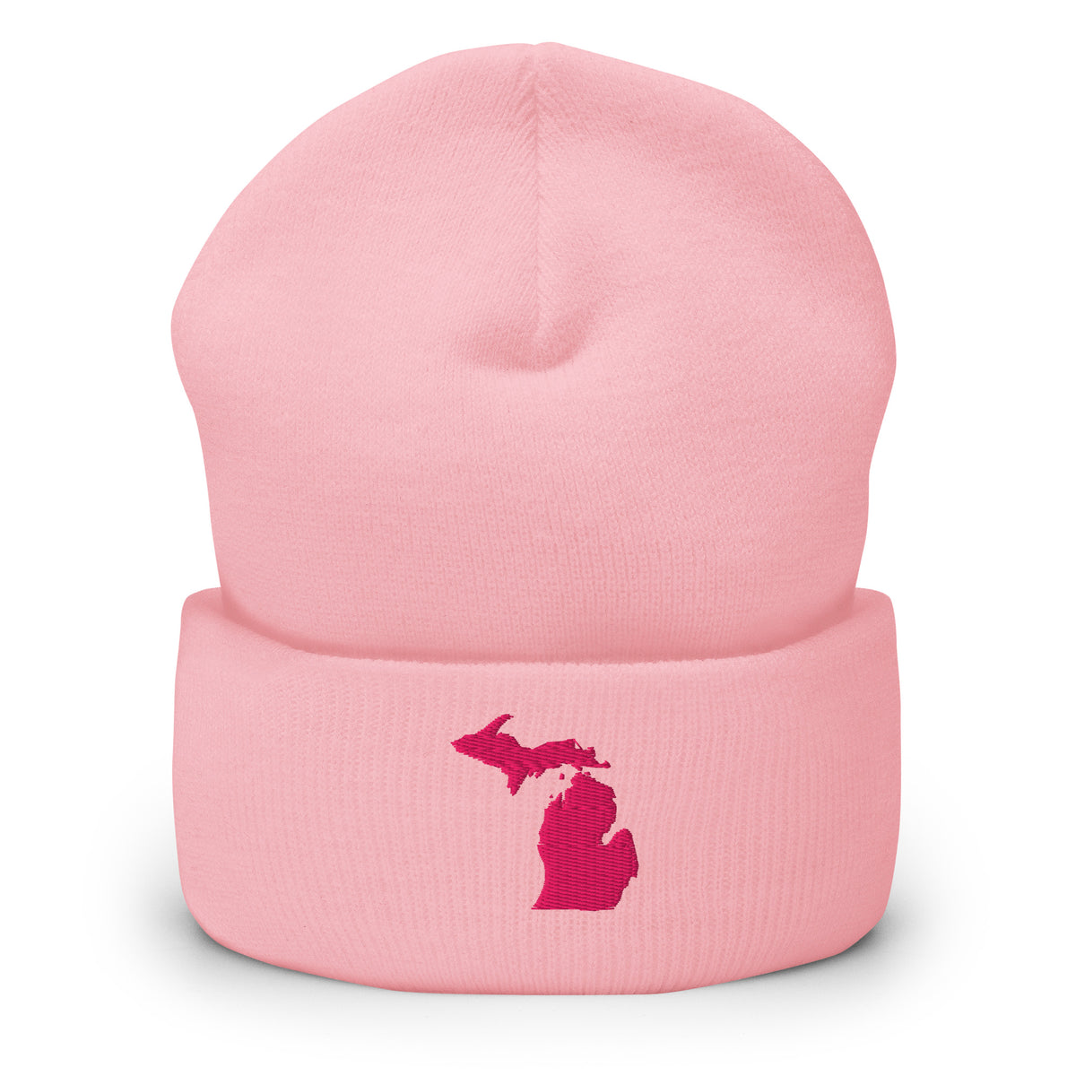 Pink cuffed beanie with Michigan embroidered in pink on the front