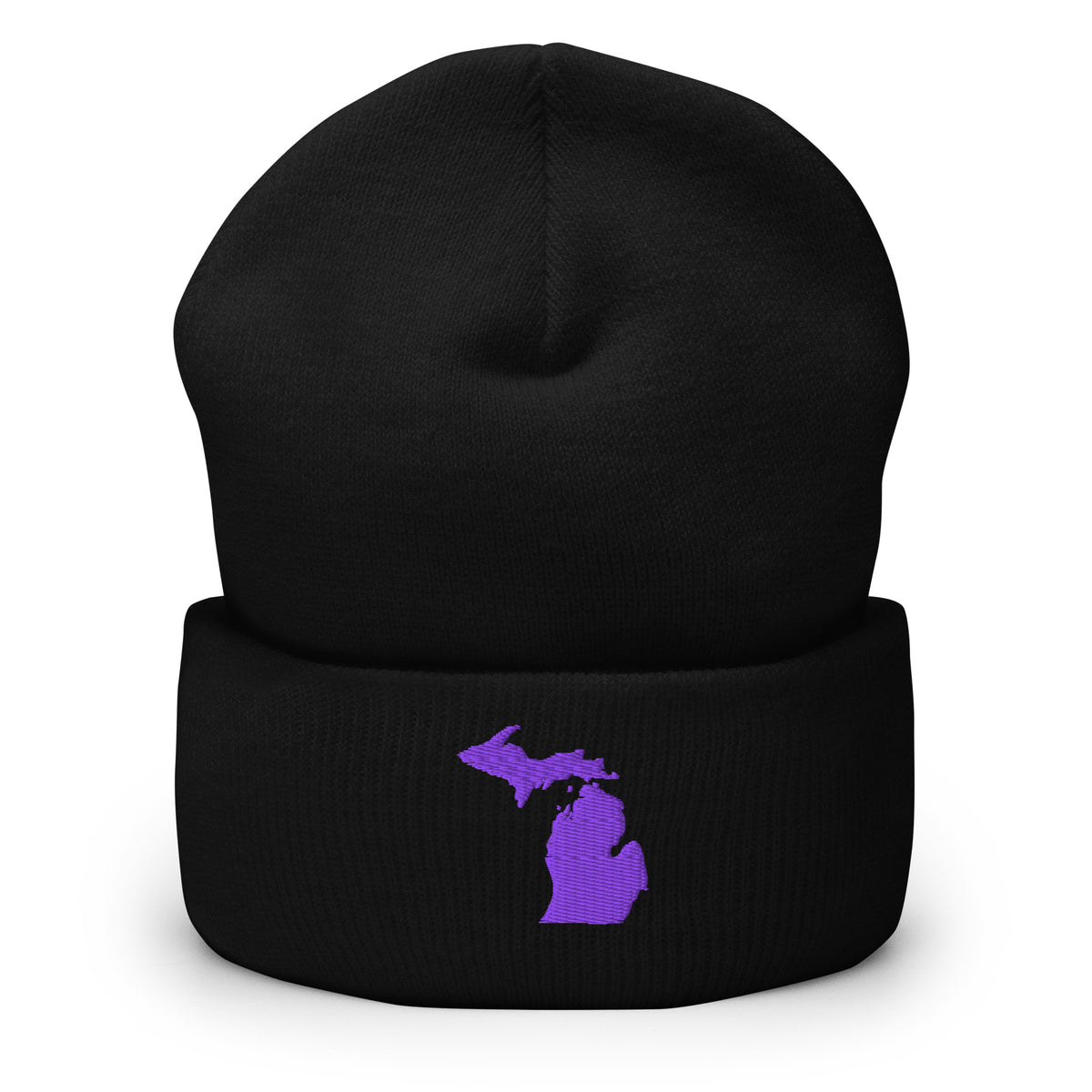 Black cuffed beanie with Michigan embroidered in purple on the front