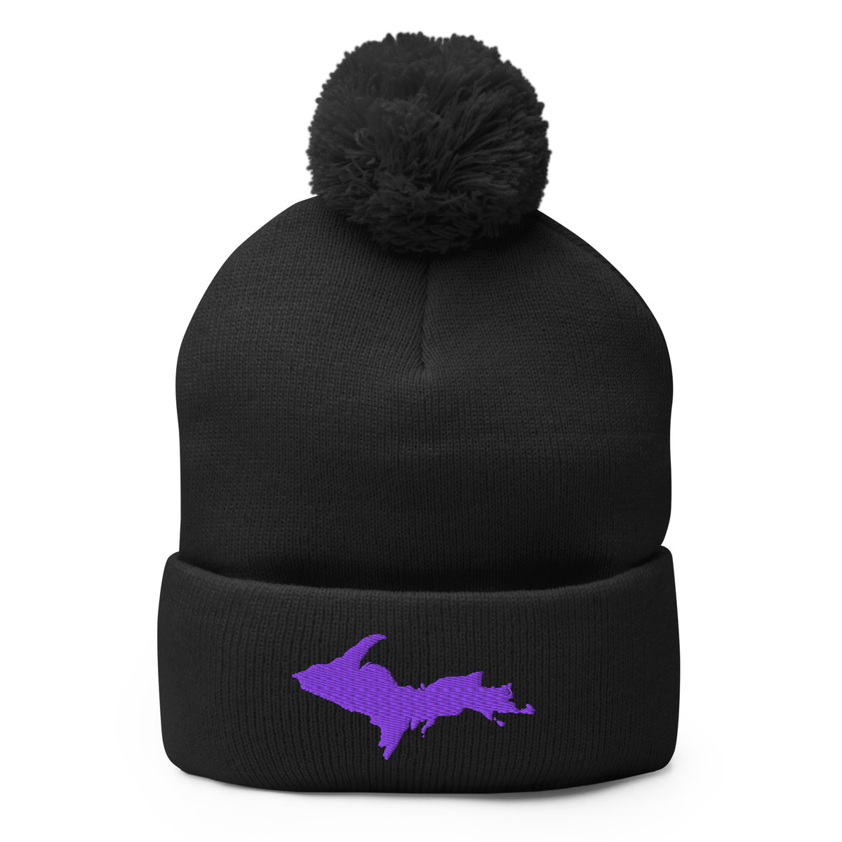 Black pom-pom beanie with Michigan's Upper Peninsula  embroidered in purple on the front