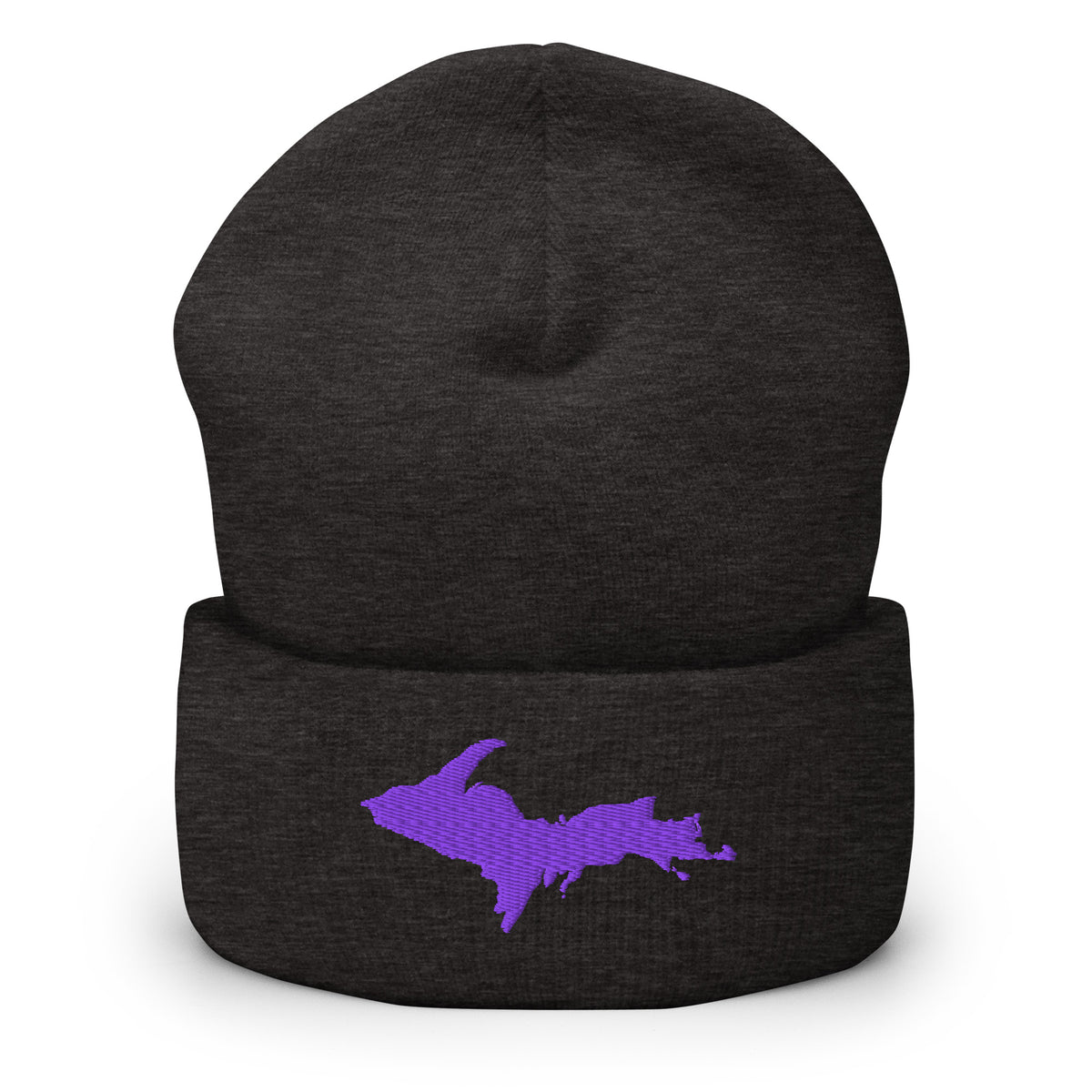 Dark Grey cuffed beanie with Michigan's Upper Peninsula embroidered in purple on the front