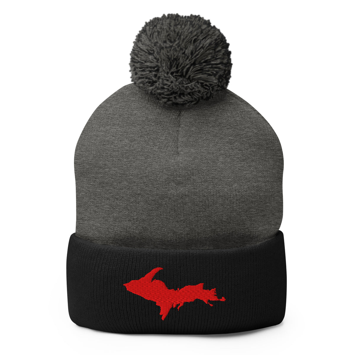 Dark Grey and Black cuff  pom-pom beanie with Michigan's Upper Peninsula  embroidered in red on the front