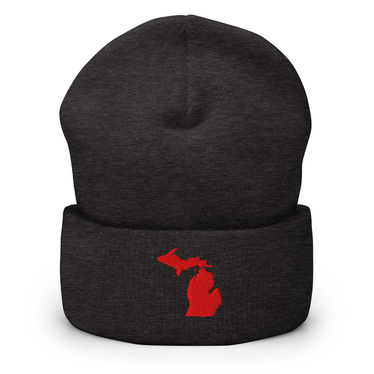 Dark Grey cuffed beanie with Michigan embroidered in red on the front