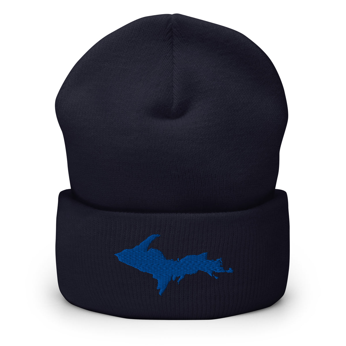 Navy Blue cuffed beanie with Michigan's Upper Peninsula embroidered in royal blue on the front