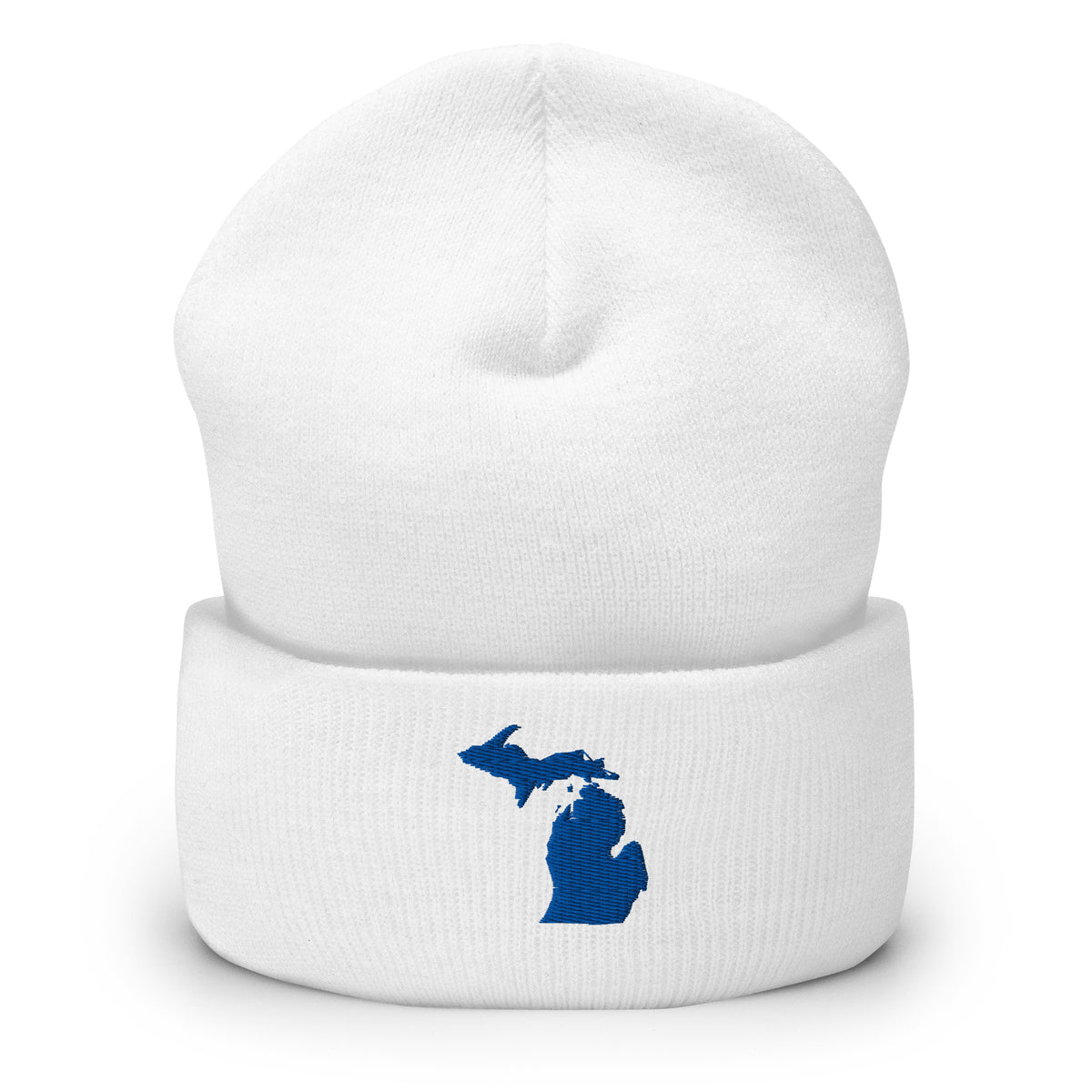 White cuffed beanie with Michigan embroidered in navy blue on the front