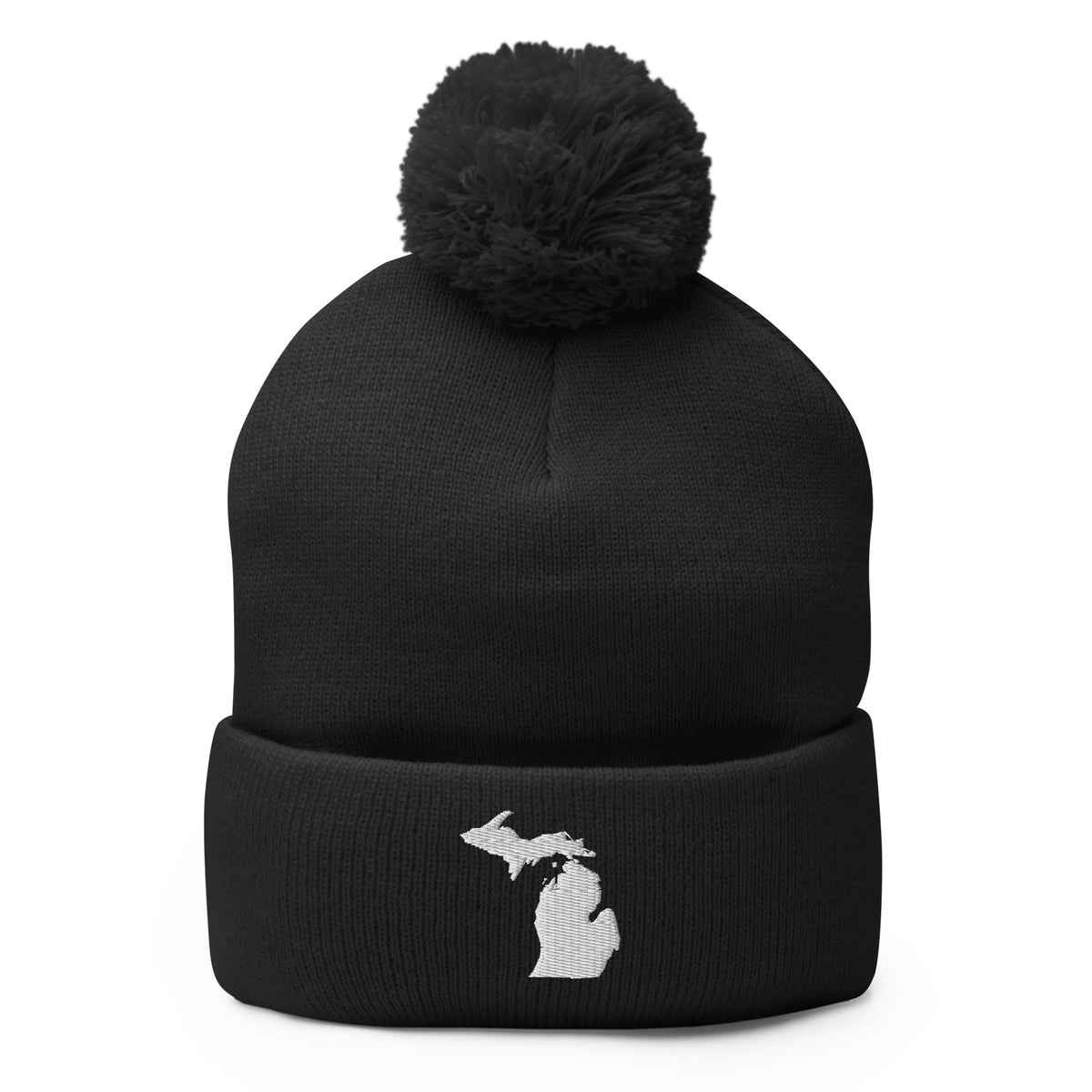 Black pom-pom beanie with Michigan  embroidered in white on the front